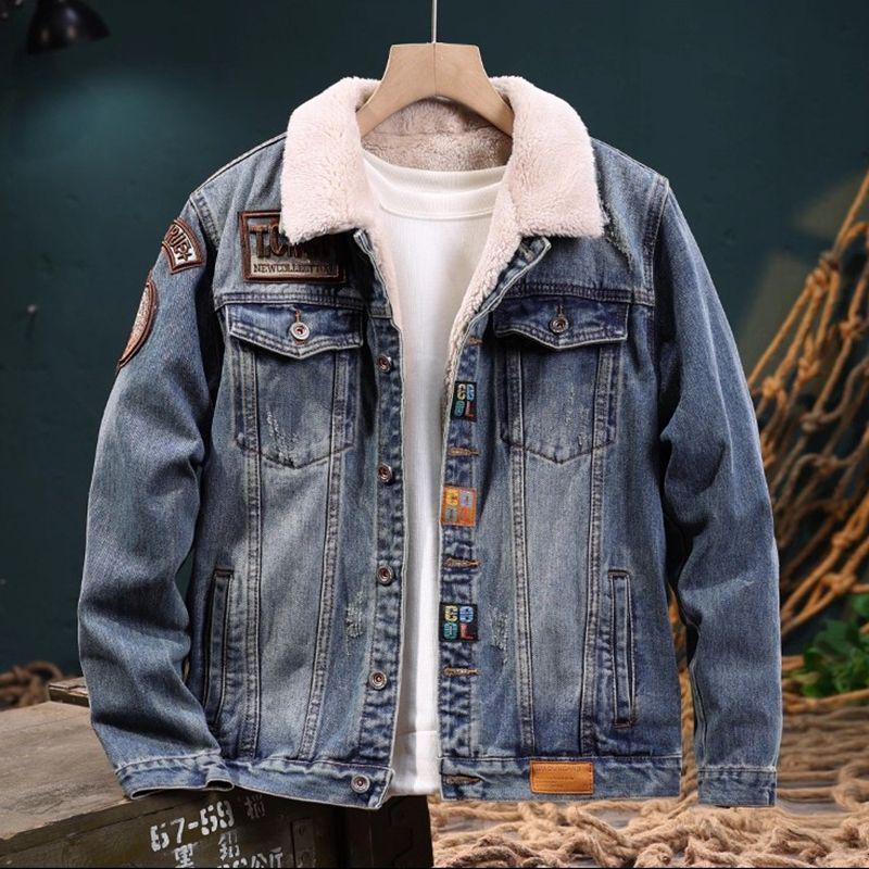 Men's Retro Winter Denim Jacket with Lambswool Lining - Trendy, Handsome, and Warm Cotton Outerwear