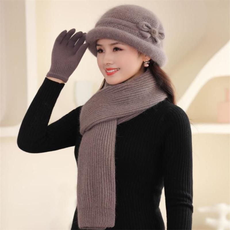 Fleece warm gestrickte Kaninchenfellmütze Damen Herbst und Winter kalte Handschuhe Schal Beanie Hut Trend bei älteren Menschen