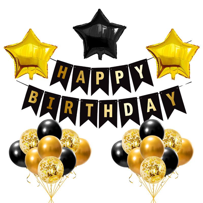 Birthday Flag Balloon Set Black Gold Bronzing Flag Pentagram Sequined Ball Crown Party Decoration