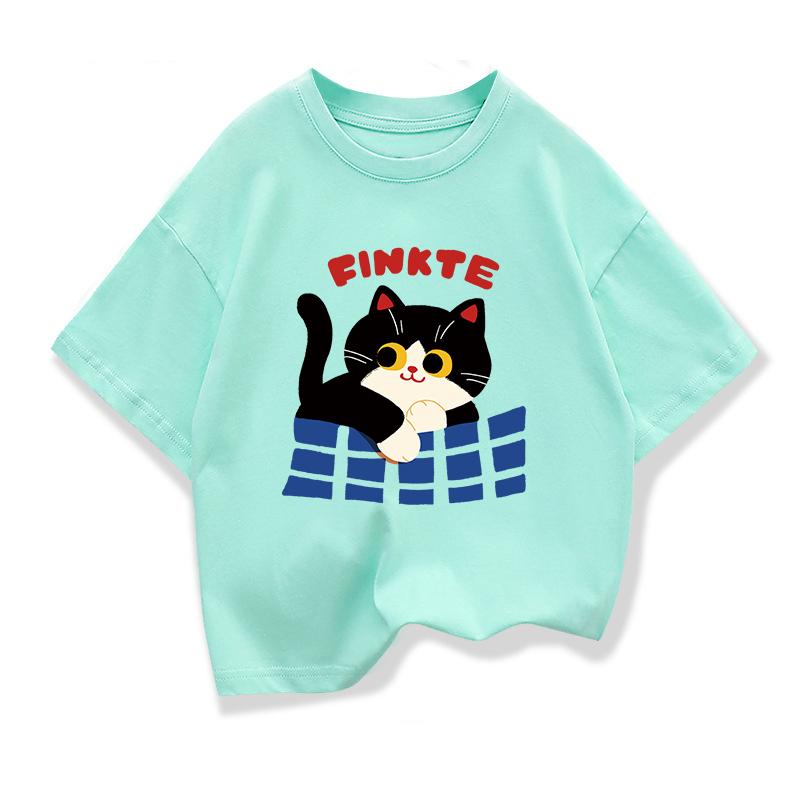 2026 New Cute Kitten Print 100% Cotton T Shirt for Kids Boys Girls Loose Fit Short Sleeve Soft Casual Summer Top 1-12 Years
