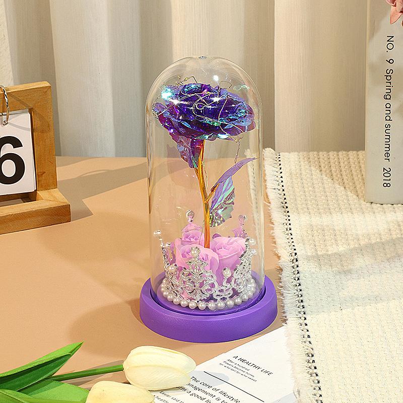 Valentine's Day Ornament Rose Table Creative Gold Foil Crown Night Light Mother's Day Gift Eternal Flower
