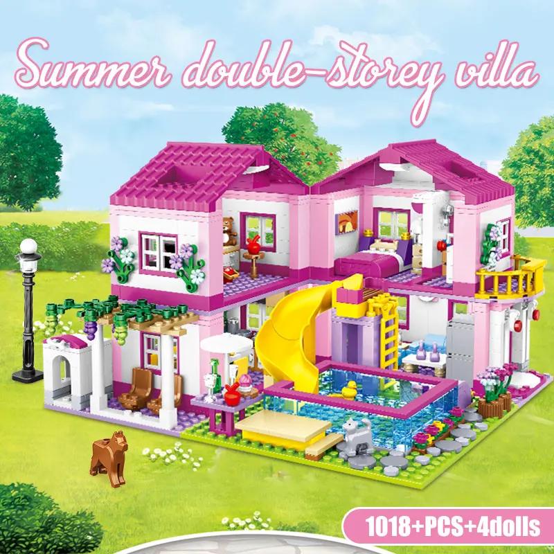 1018 Pcs City 1 Change 3 Summer Double-storey Villa House Slide Building Blocks Friends DIY Garden Flower Figures Bricks Toys