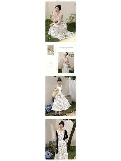 Deer To the South 'French Elegance' Polka Dot Summer Dress: Women's Spaghetti Strap, Fitted Waist, Long Design