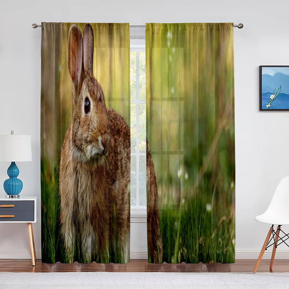 Прозрачные шторы с милыми котами и кроликами и маленькими животными для гостиной — фото 12