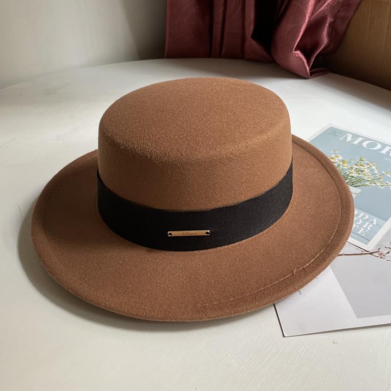 Hat Women's Autumn and Winter Flat Top Hat Wool Felt Hat British Retro French Elegant Fashion Versatile Warm Hat