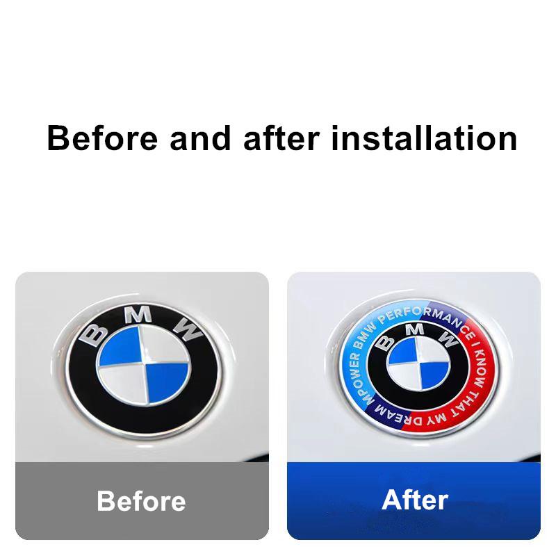 Emblemat na maskę przednią z logo BMW na 50-lecie 81mm+Znaczek tylny 74mm+Dekielek na piastę koła 68mm+Naklejka na kierownicę 56mm 46mm