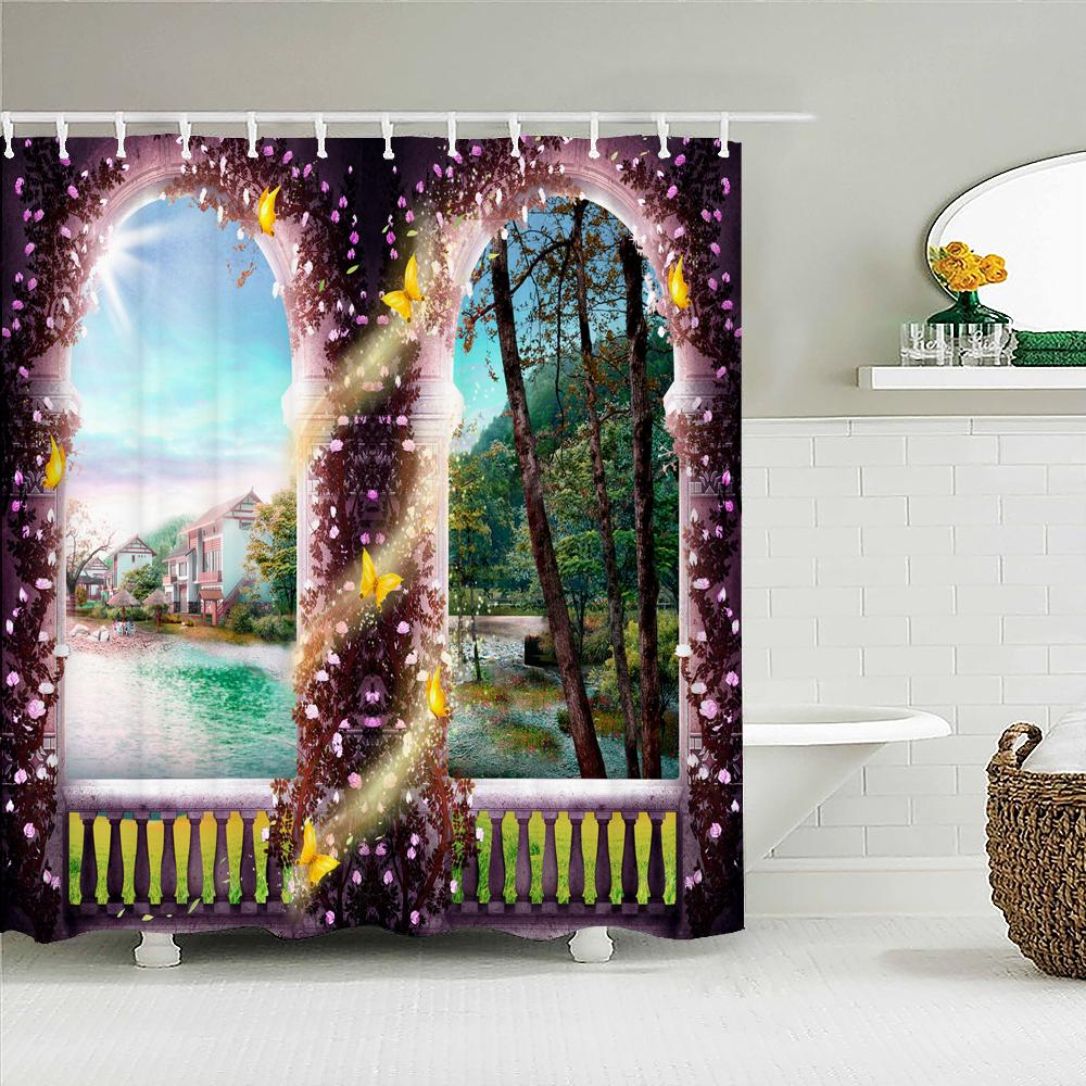 European Garden Patio Landscape Shower Curtains Beach Flowers Bathroom Curtain for Bathroom Polyester Waterproof Shower Curtain