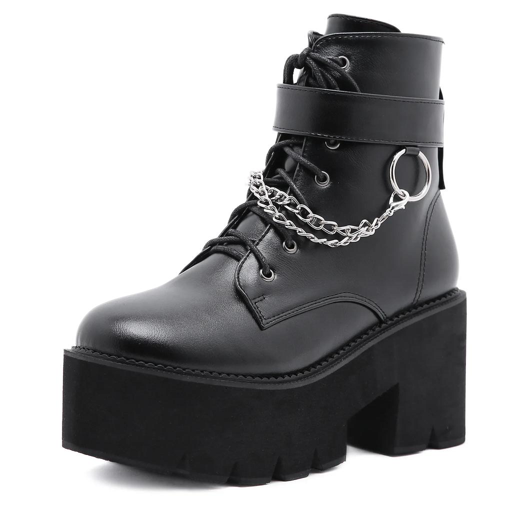 Femmes chaussures bottes noir foncé Cool fond épais plate-forme Harajuku chaussures avec chaîne en métal gothique Punk filles chaussures chaussures