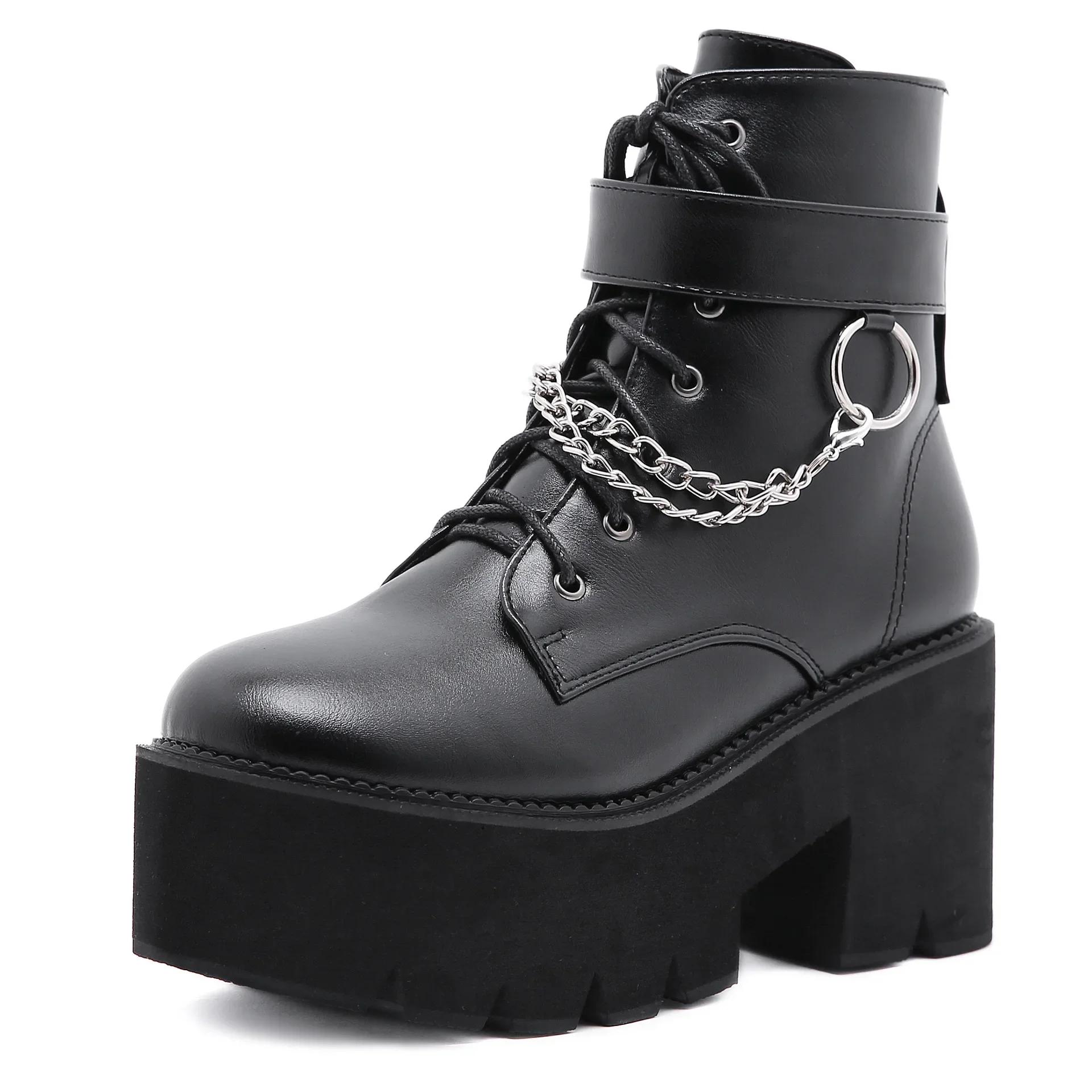 

Women Shoes Boots Black Dark Cool Thick Bottom Platform Harajuku Shoes With Metal Chain Gothic Punk Girls Shoes Footwear 35 чёрный