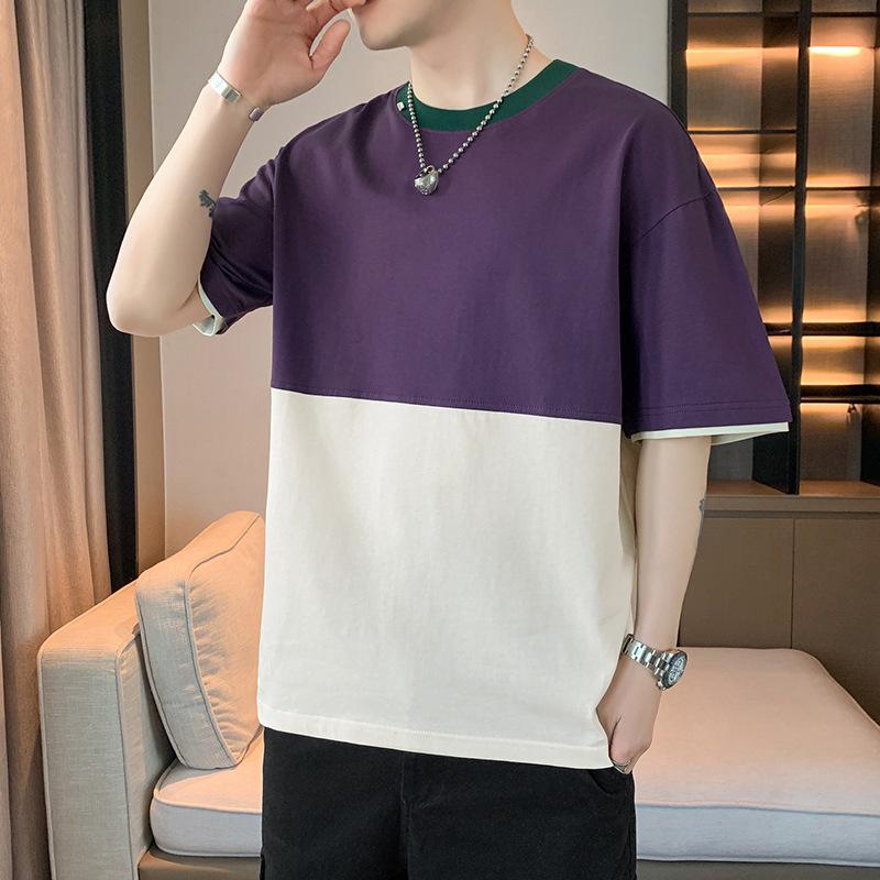Summer Color Blocking Splicing Design Men's T-shirt Loose Shoulder Short Sleeved T-shirt