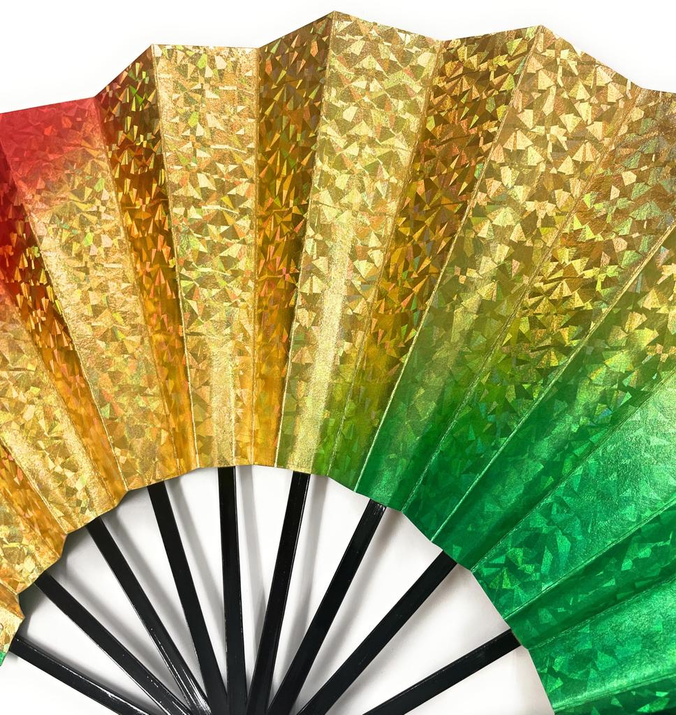 Asakusa Kimono Market: Dance Fan, Red/Gold/Green Holographic Foil Fan, Black Lacquer, 9.5 inches [Made in Japan], Kyoto Style, Fan, Practice, Stage