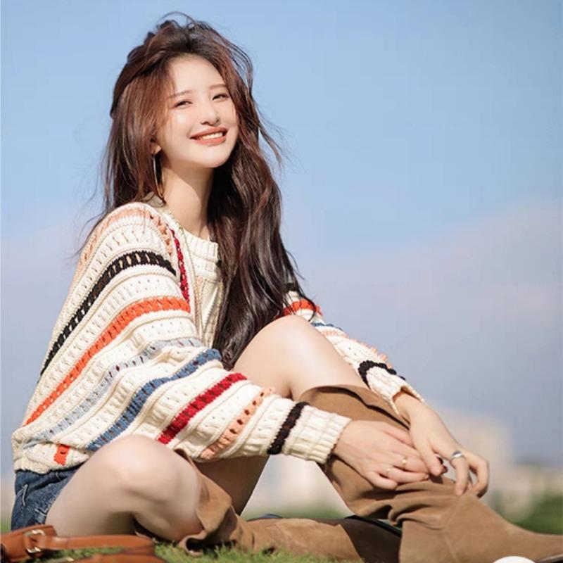 2025 New Rainbow Color Cardigan Women Sweater Autumn Sweet Fashion Elegant O Neck Knit Coats Hollow Crochet Casual Loose Long Sleeve Jacket Clothing