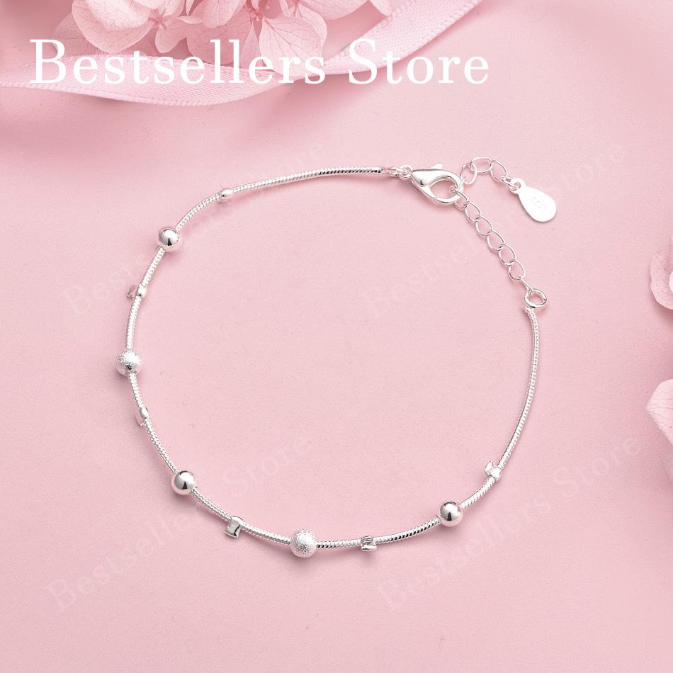 Luxury 925 Sterling Silver 8-inch Frosted Round Bead Fine Bracelet for Women's Fashion Accessories, Wedding Jewelry