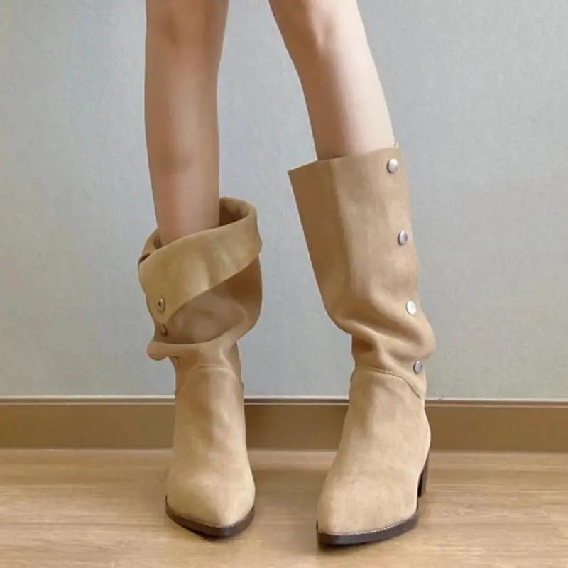 Pointed Toe Ladies Mid Calf Shoes Khaki Studded Middle Heel Women's Half High Boots New in Goth on Offer 2024 Waterproof Sale Pu