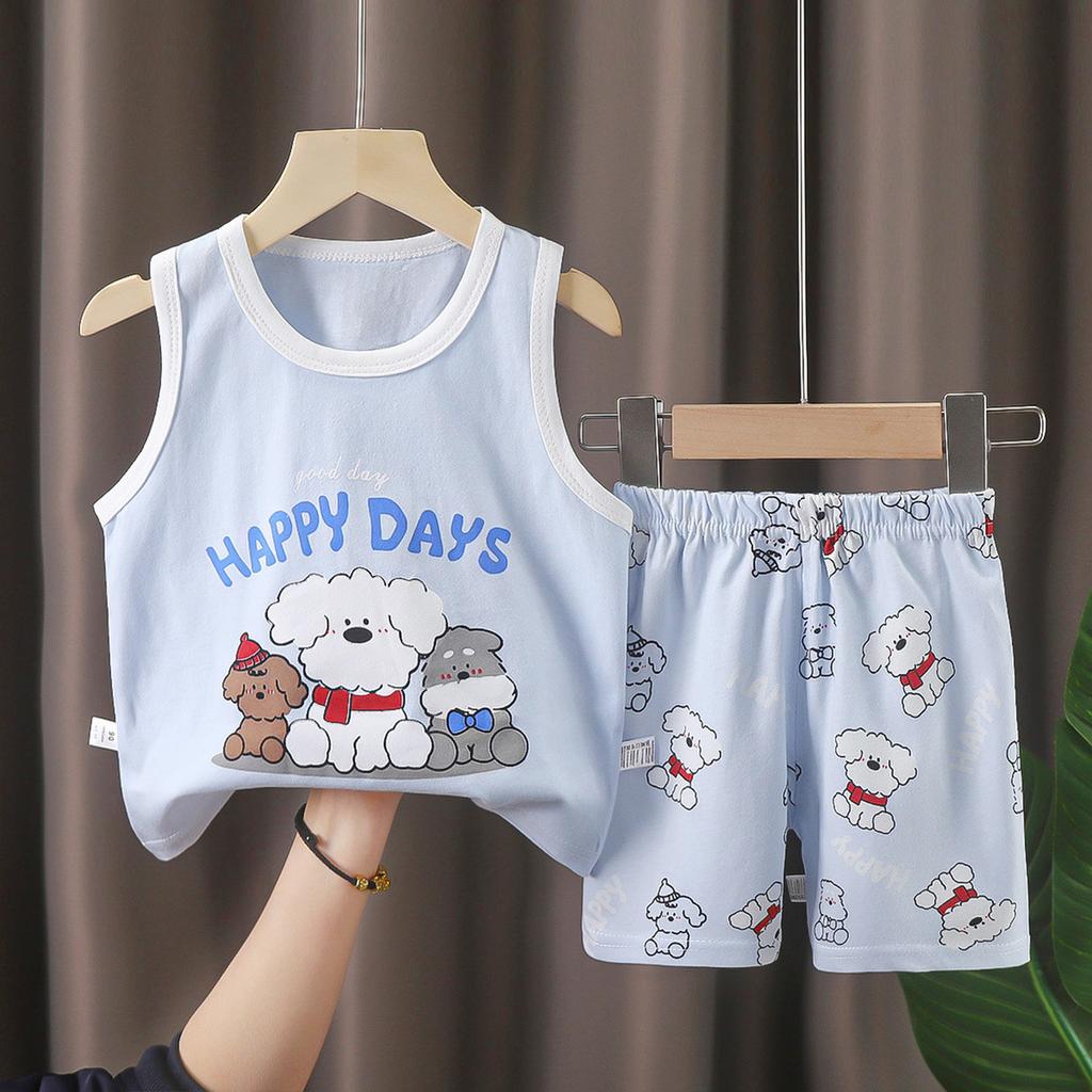 Summer Kids Non Sleeve O Neck Vest Pants Set Casual Baggy 2pcs Suit Cotton Cartoon Printes Outfit