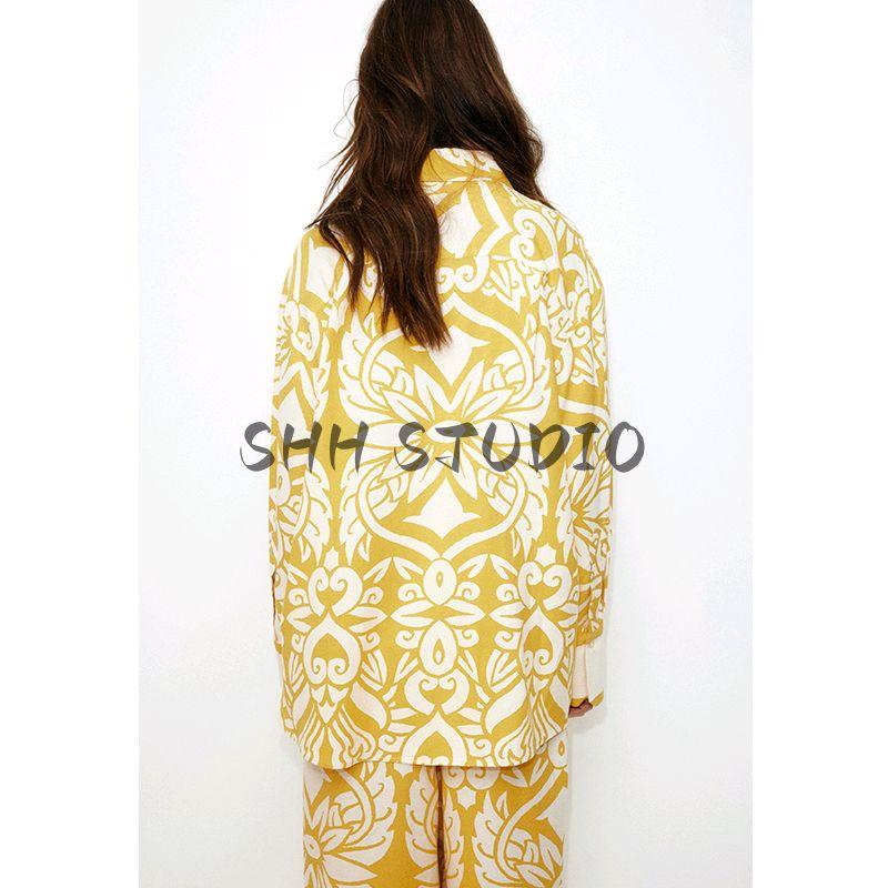 Spring and Summer New Loose Lapel Print Shirts 1273613 Linen Blend Straight Trousers 1273614