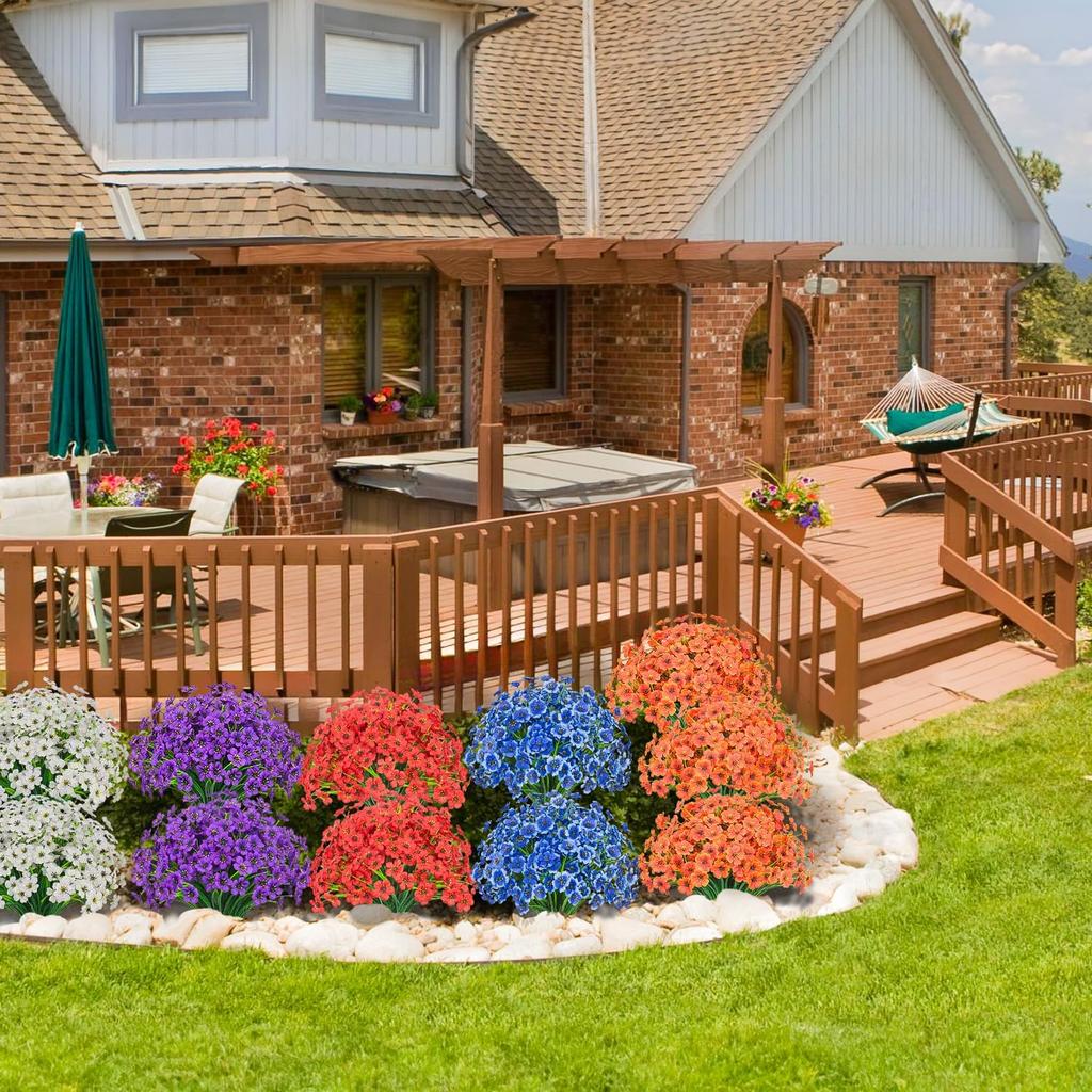 Outdoor Artificial Flowers 21 UV Resistant Bundles Fake Flower Plastic Plants Faux Silk Flowers Porch Hanging Garden Porch Window Box Decorating