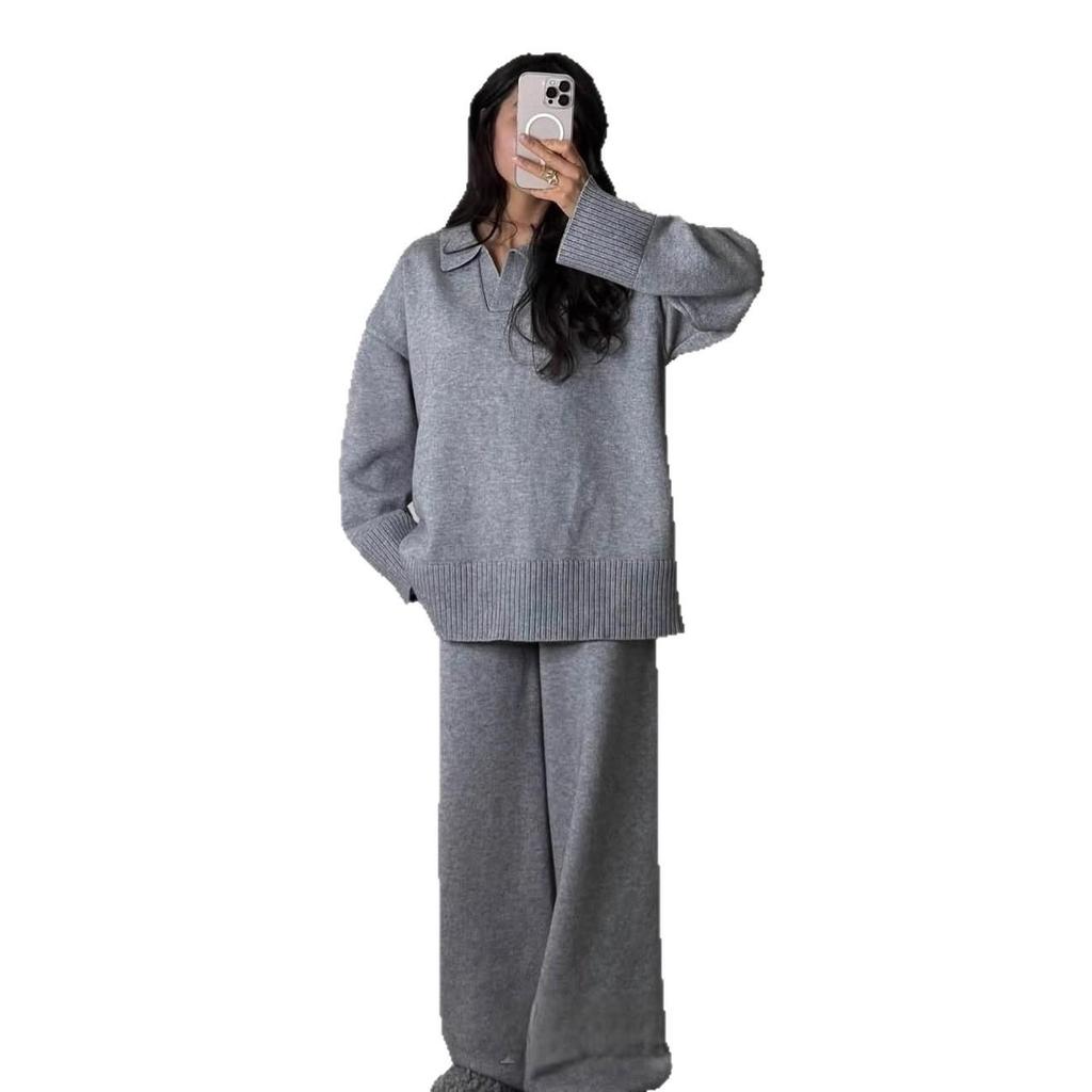 Autumn 2025 Women's Polo Collar Top & Wide Leg Pants Set