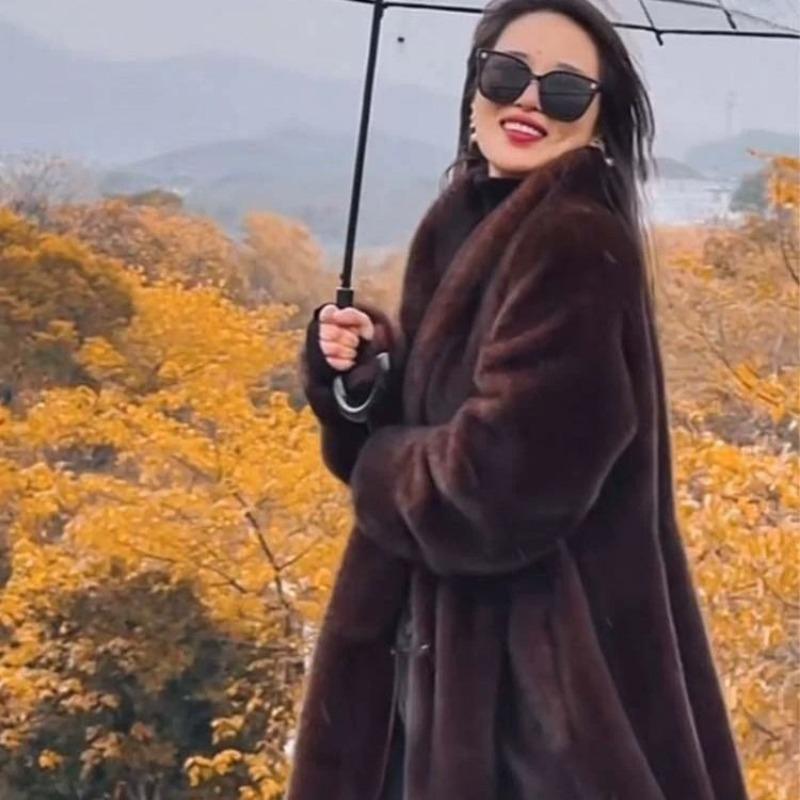 

Winter new imitation mink fur coat women s green fruit collar extended knee thickened coat tide S (85-60kg)
