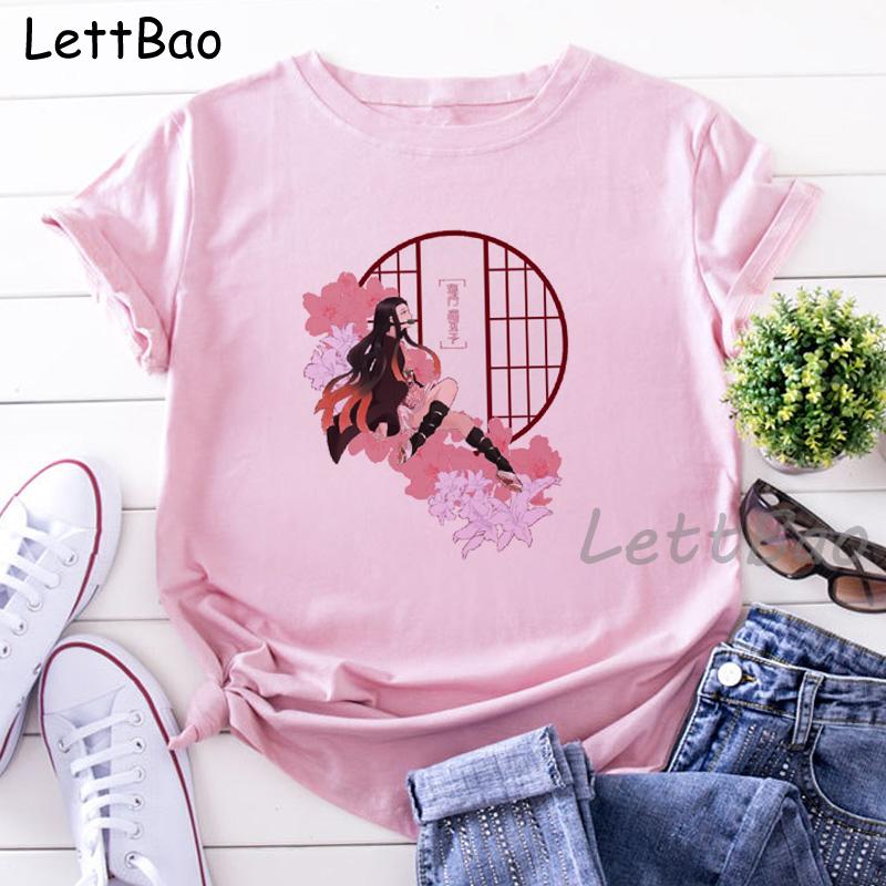 Nezuko Kimetsu No Yaiba Funny Graphic Pink T Shirts Women Vintage Anime Print Tee Shirt 90S
