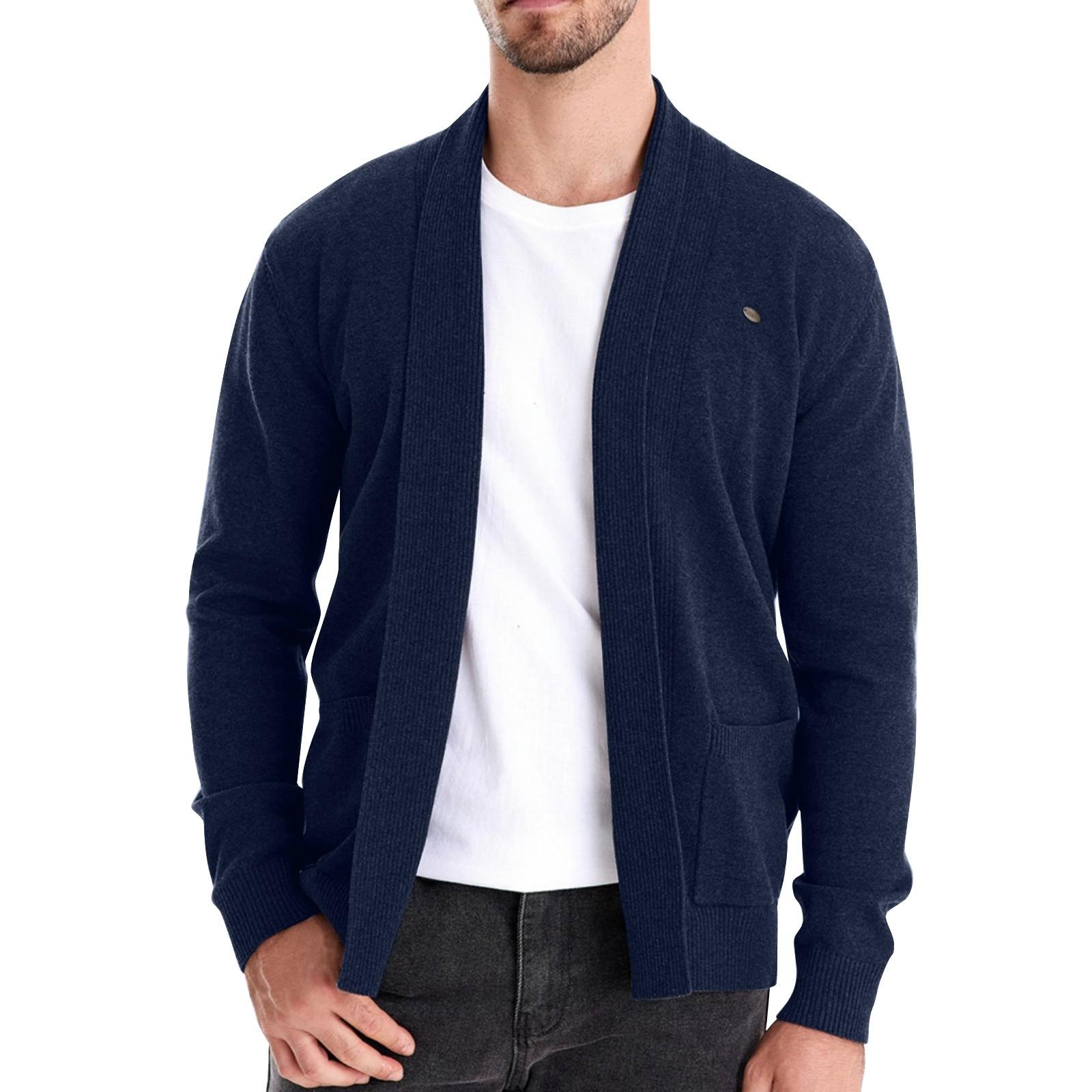 

Мужская зимняя однотонная куртка-свитер с длинным рукавом, мужской свободный однотонный вязаный кардиган XL тёмно-синий