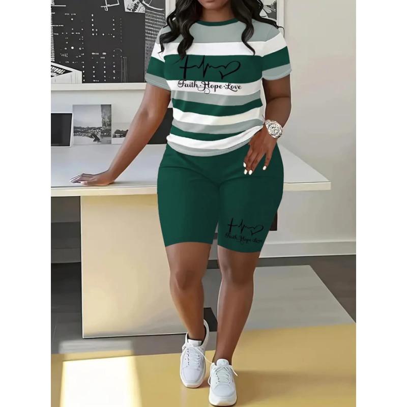 Ladies Elastic Tight Short Sleeve Top High Rise Skinny Shorts 2 Piece Running Training Outfit