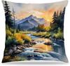 Watercolor Mountain Landscape Pillowcase Art Print Forest River Sunset Boho Nature Decor Cushion Cover 45x45cm