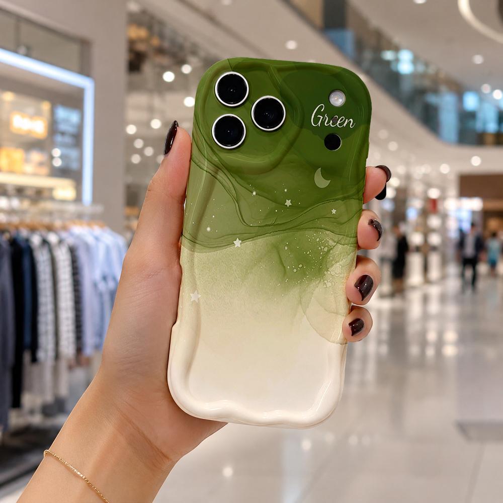 Gradient Green Ink Fluid Moon Star Phone Case For iPhone 16 15 14 Pro Max 13 12 Wavy Edge Soft Cover