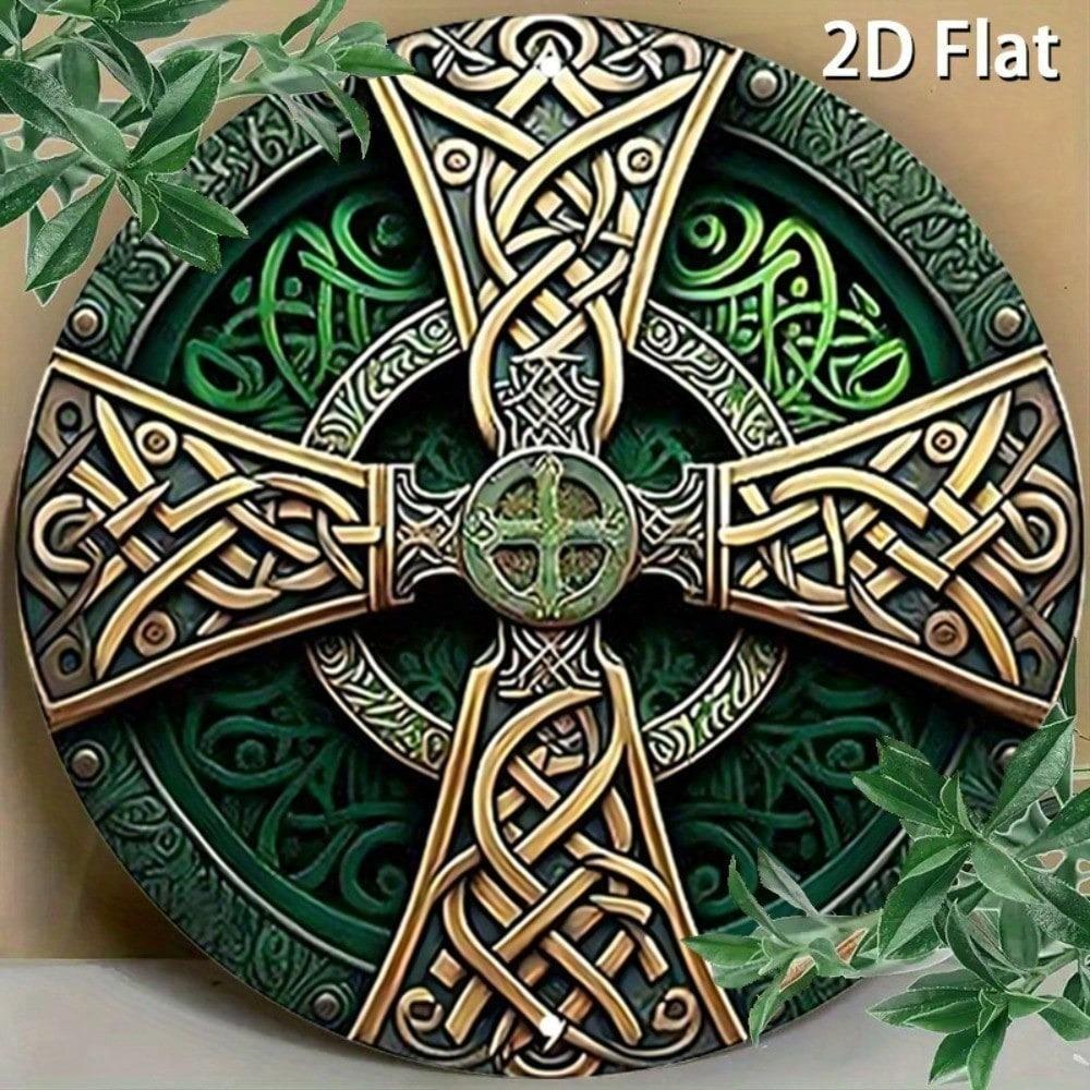 Arte de pared de aluminio con Cruz Celta, Señal Redonda de 7,9 Pulgadas, Decoración Rústica Bohemia Verde para el Hogar