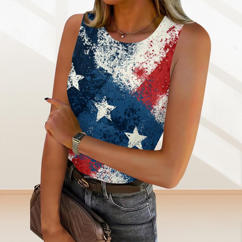 Women's Summer Fashionable Casual Independence Day Printed Round Neck Sleeveless Top Fitted Vest
