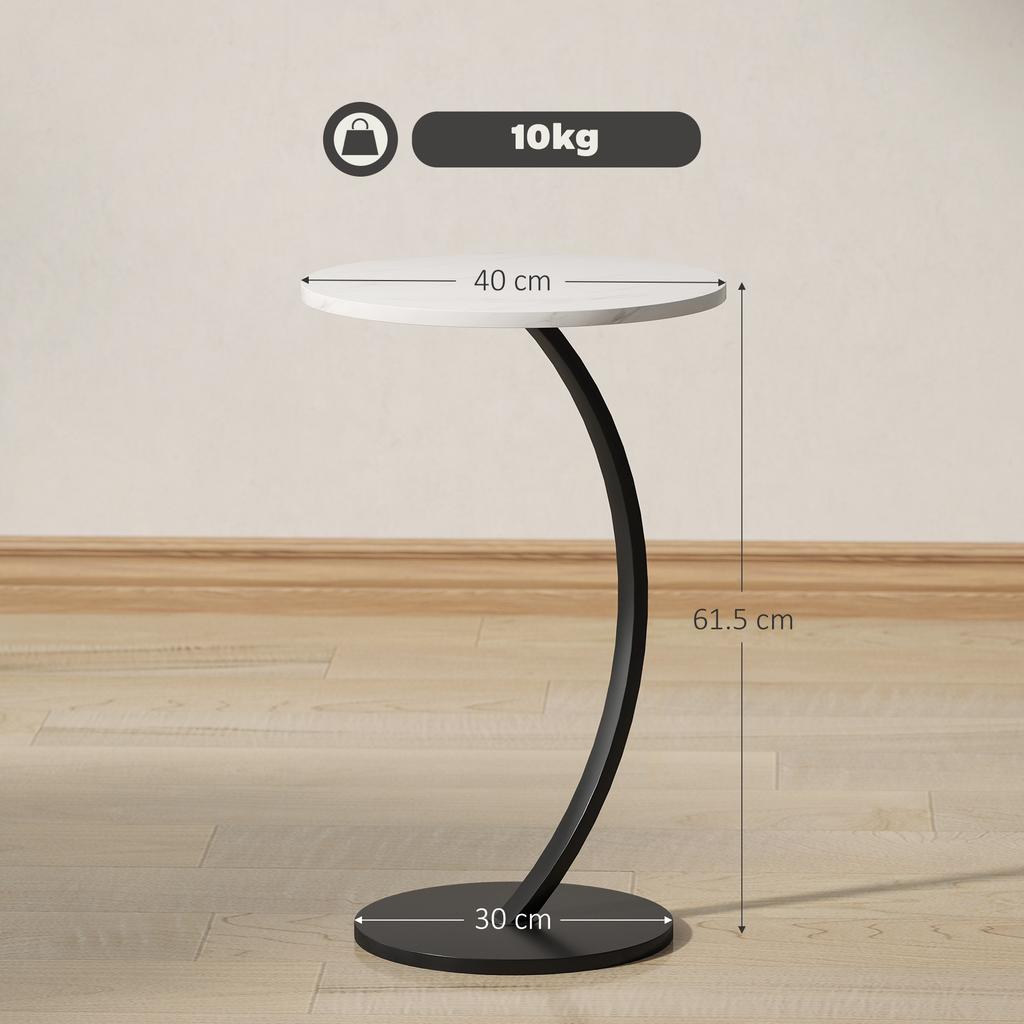 C Shaped Side Table, Round Bedside Table with Marble Effect Top, Modern Coffee Table Sofa End Table with Metal Frame for Living Room Bedroom Office