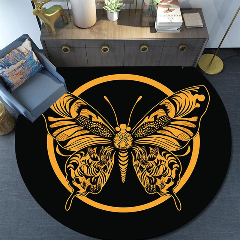 Golden Butterfly Round Area Rug,Carpet Rug for Living Room Bedroom Sofa Playroom Decor,Non-slip Floor Mat