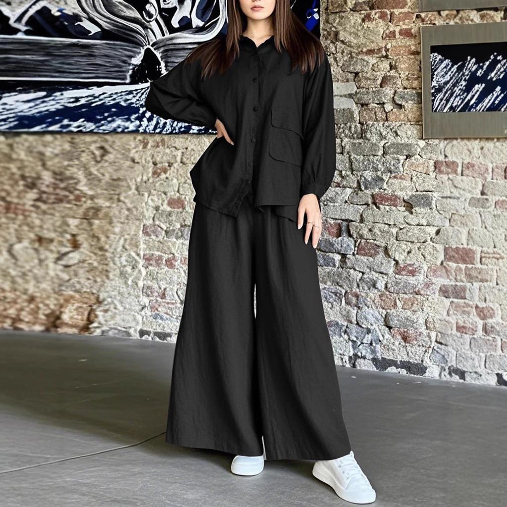 Women's Long Sleeve Button Front Shirt and Wide Leg Pants Set in 7 Colors