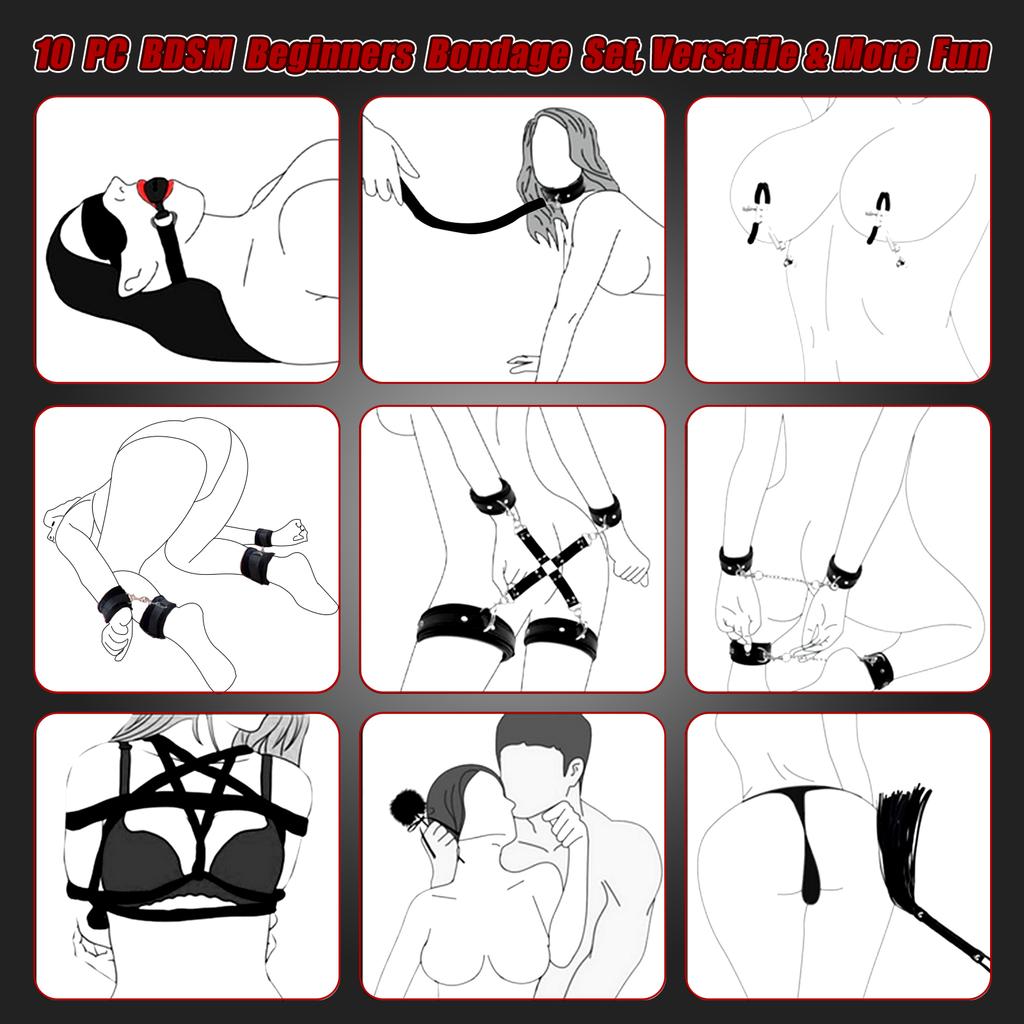 Bondage Set Restraint Kit Adult Game Handcuff Couples Collar Mouth Gag Tickler Whip Nipple Clamps Rope Fetish Sexy Toy For Women