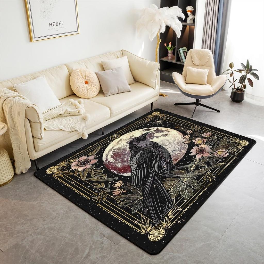Black Crow Living Room Rugs Halloween Decoration Decorative Carpet for Kids Teens Adult Sugar Skull Skeleton Bones Area Rug