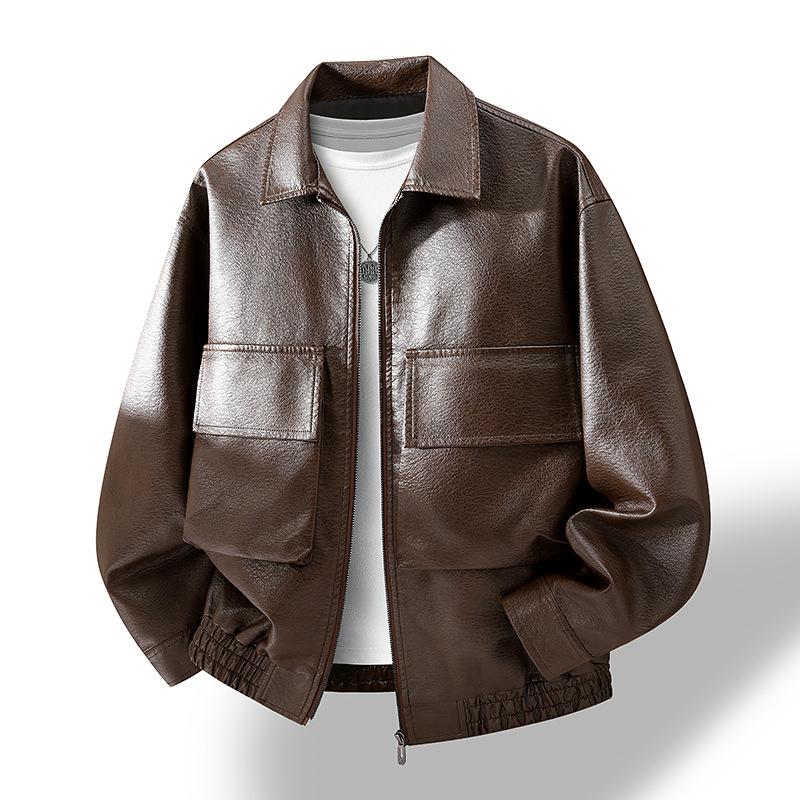 M-XL Leather Jacket Men's Spring and Autumn Men's Lapel Loose Trendy Brand Leather Jacket Fat Fat Fat Large Size Jacket