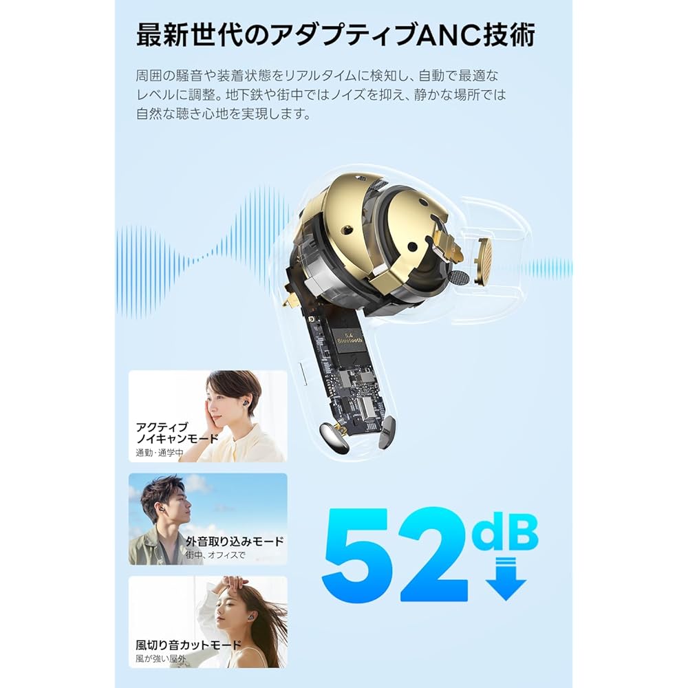 TOZO NC20 Bluetooth Wireless Earphones: Adaptive Hybrid ANC, 52dB Noise Reduction, Mid-Low Frequency Response, Warm Tone Sound Quality/Advanced Custom