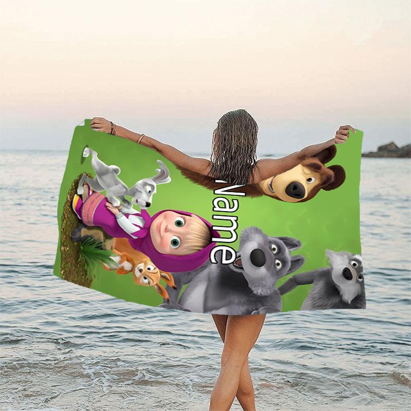 1pc Masha and the Bear4 Beach Towel with Custom Name, Beach/Swimming/Bath/Picnic/Camping Towel, Suitable for Seaside Beaches