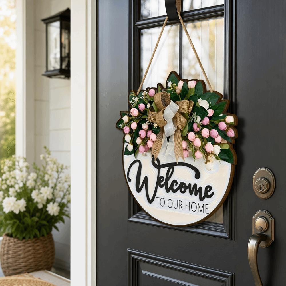 2D Flat Door Wreath Wooden Wall Art Creative Welcome Sign Home Decor