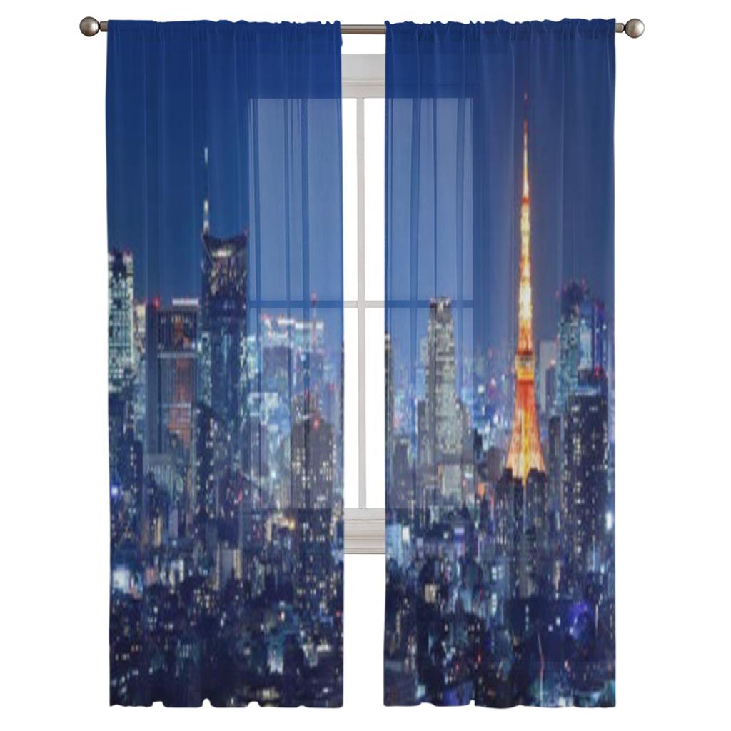 Tokio Stadtbild bei Nacht Luxuriöse Chiffon Gardinen Transparent für Wohnzimmer Schlafzimmer Dekoration Fenster Voiles Tüllvorhang