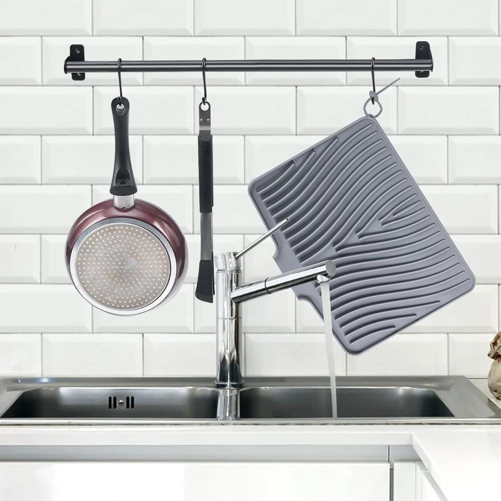 Silicone Dish Drying Mat for Kitchen Counter,  Non-Slip Drain Pad with Built-in Drain, Heat Resistant Stone Drying Mat