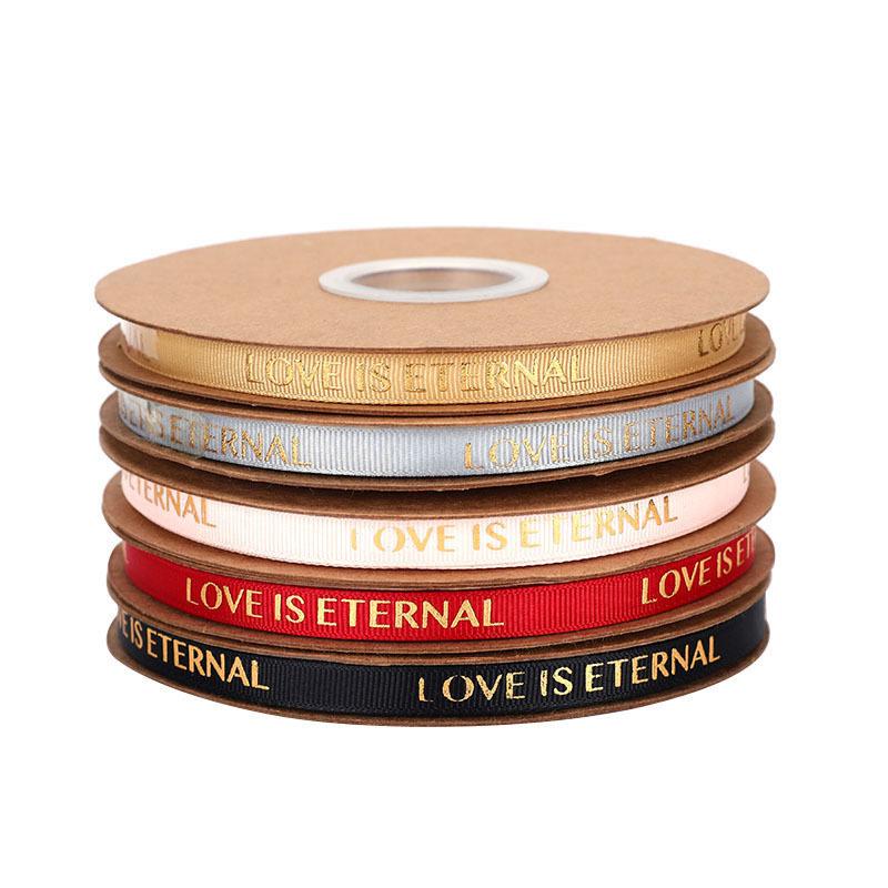 1CM Ribbed Silk Satin Ribbon with Hot Stamped English Letters for Cake Decoration and DIY Craft Gifts