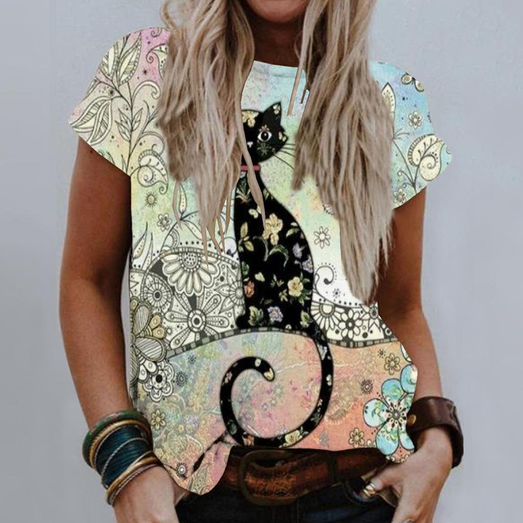 Sommer Rund Hals 3D Kattetrykk Topp Moteabel Casual Kort Ermet Dame T-skjorter