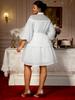 White Button Up Mini Dress with Belted Waist Puff Sleeves and Lace Trim Perfect for Casual Gatherings Parties and Weekend Outings