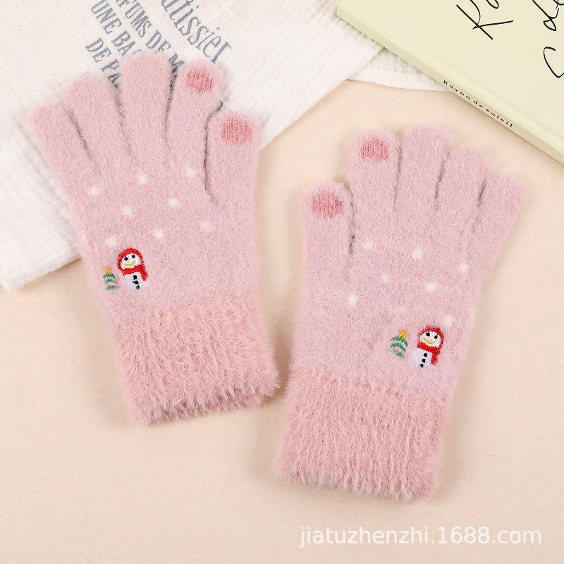 Christmas Atmosphere Can Be Cute Snowman Embroidered Plush Gloves Women's Winter Plush Thermal Gloves
