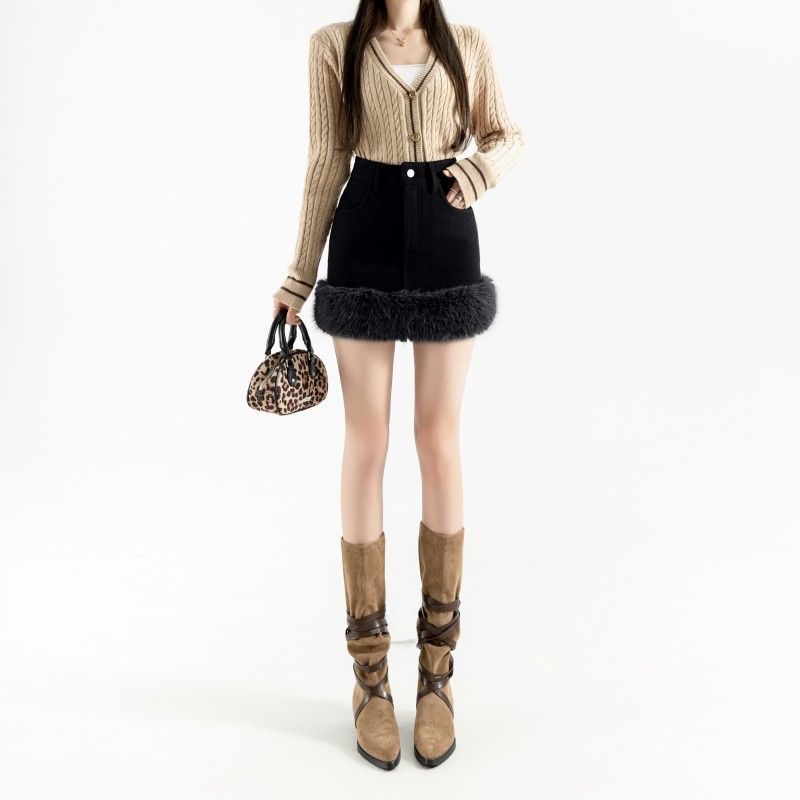 Autumn and Winter Fur Thickened Skirt Splicing New High Waist Wool Temperament Short Skirt Skirt
