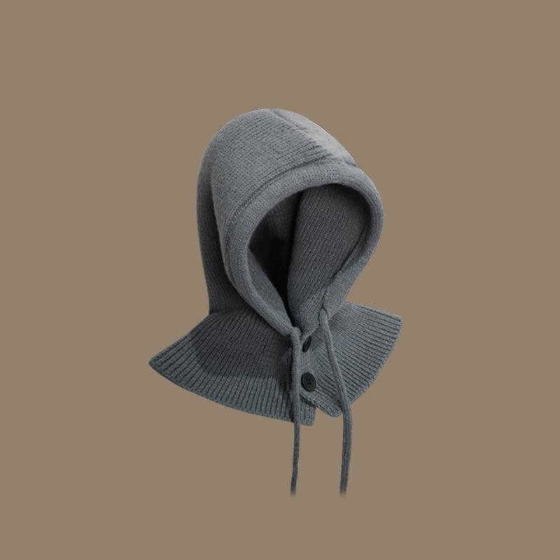 Style Hat Versatile Solid Color Warm Cover With Drawstring Hatscaps Knitted