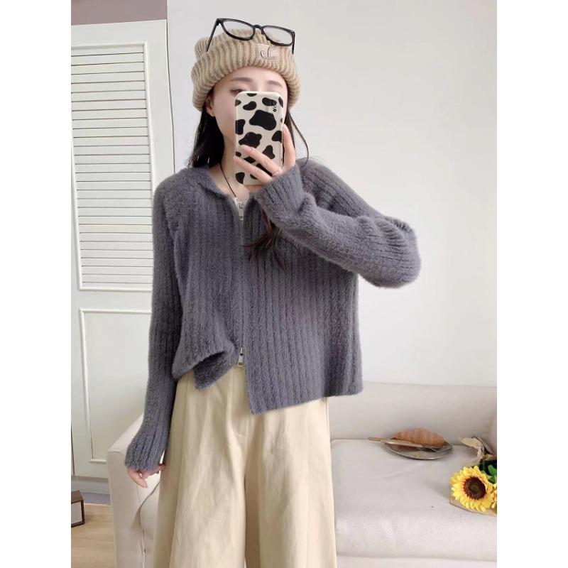 

Кардиган вязаный из искусственного норкового флиса на двойной молнии с капюшоном, новый осенне-зимний, свободный, мягкий, восковой, повседневный, куртка-свитер женская One Size серый