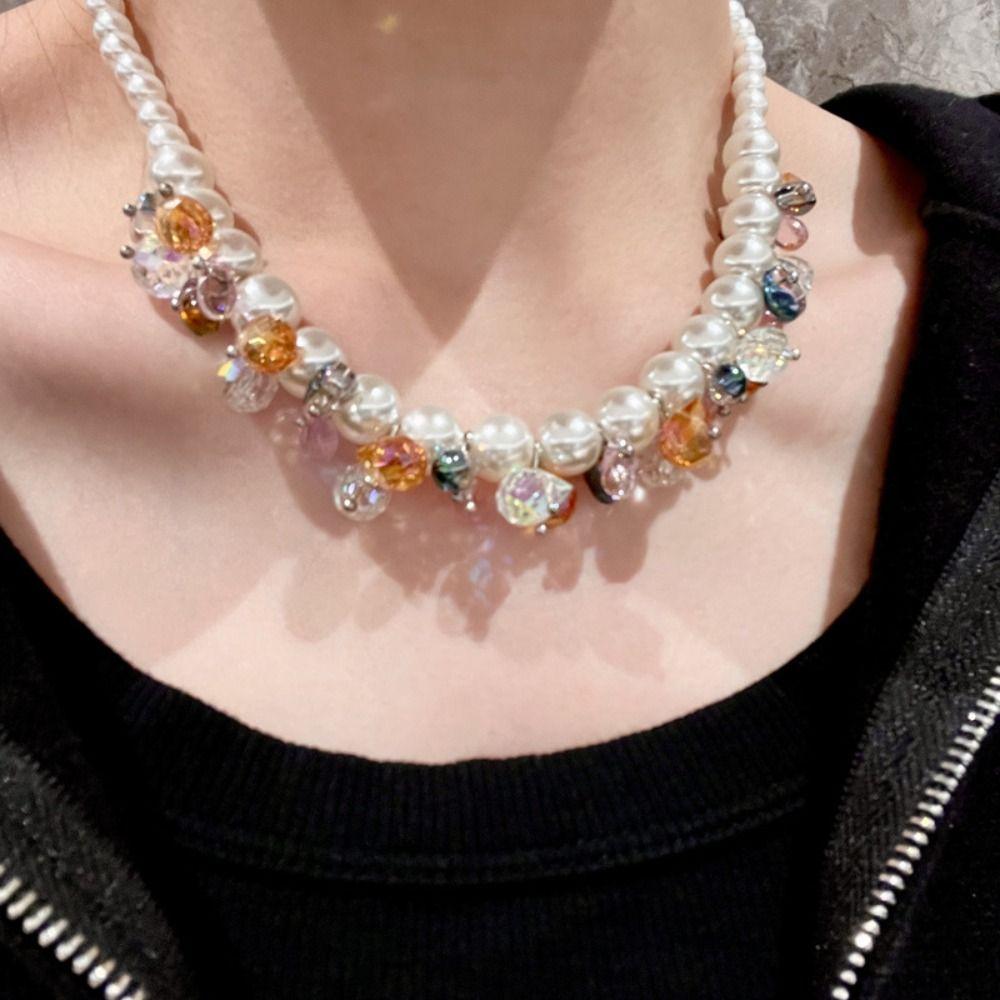 Sweet Pearl Beaded Necklace Dopamine Style Pearl Choker Jewelry Colored Zircon Necklace  Women