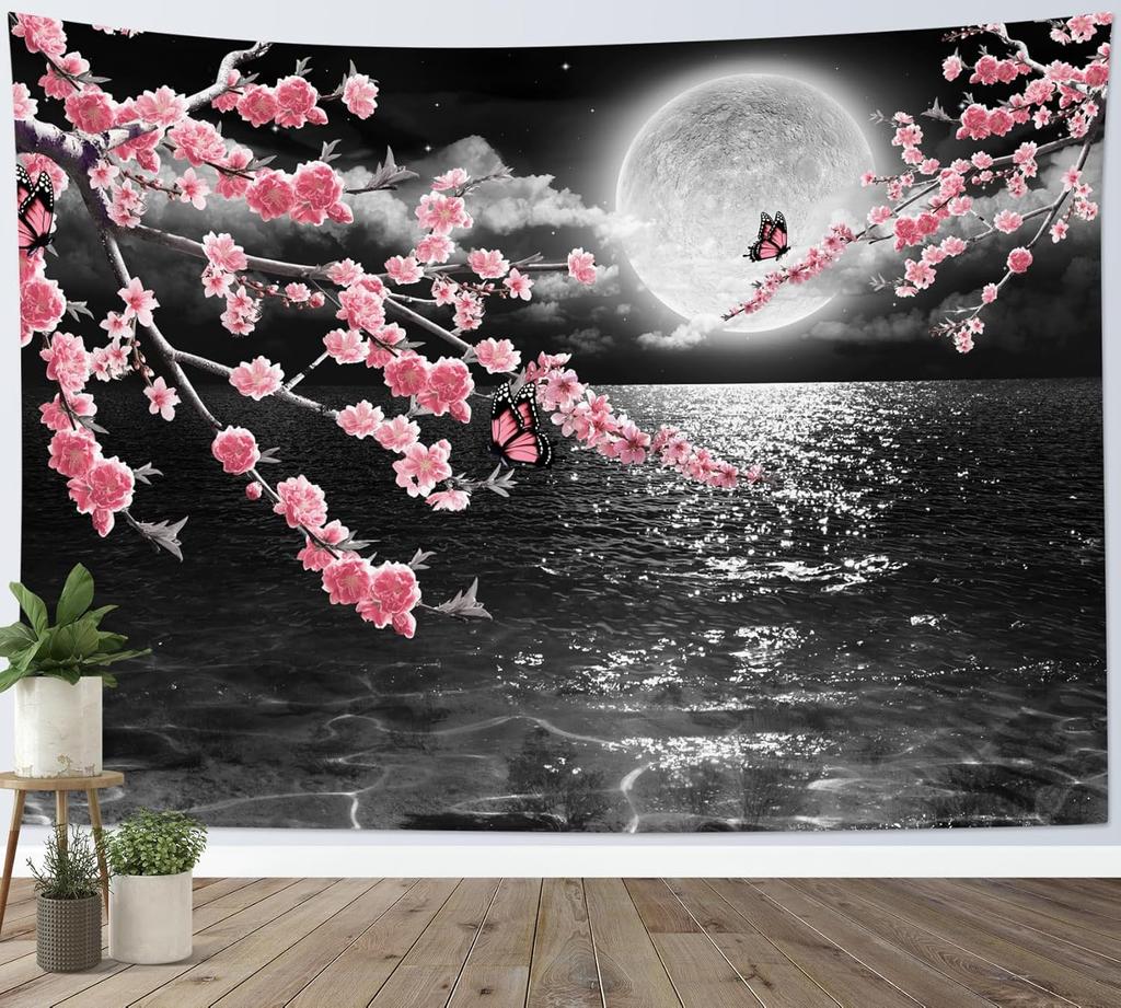 Moon Over Ocean Tapestry Full Moon Night Sky with Cherry Blossom Tree Wall Tapestry for Bedroom Cloud Pink Floral Wall Hanging